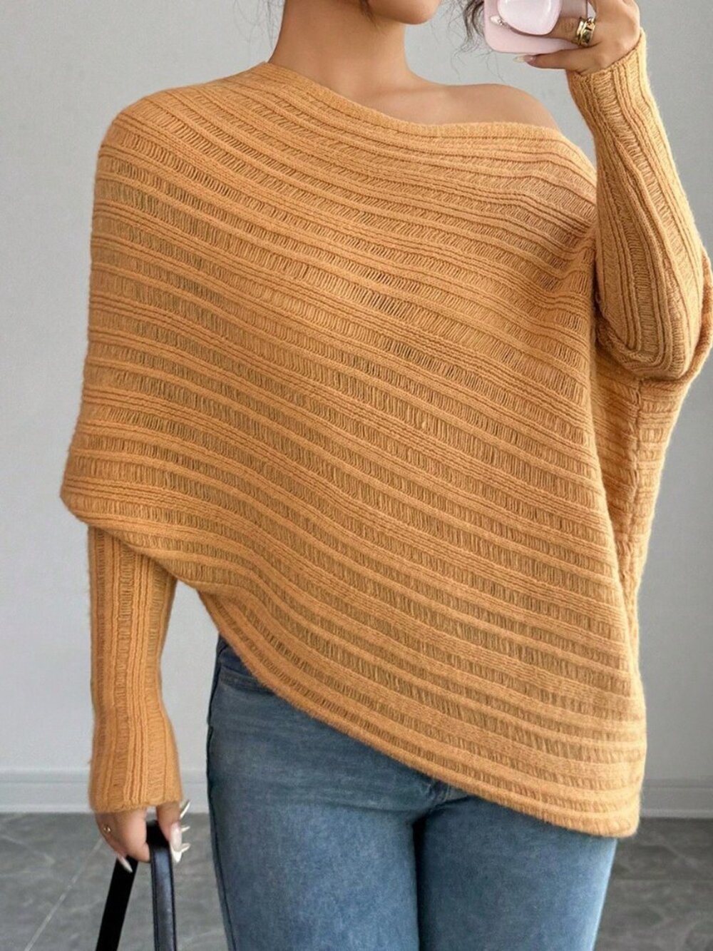 Khaki Casual Women's Asymmetrical Rib-Knit Batwing Pullovers